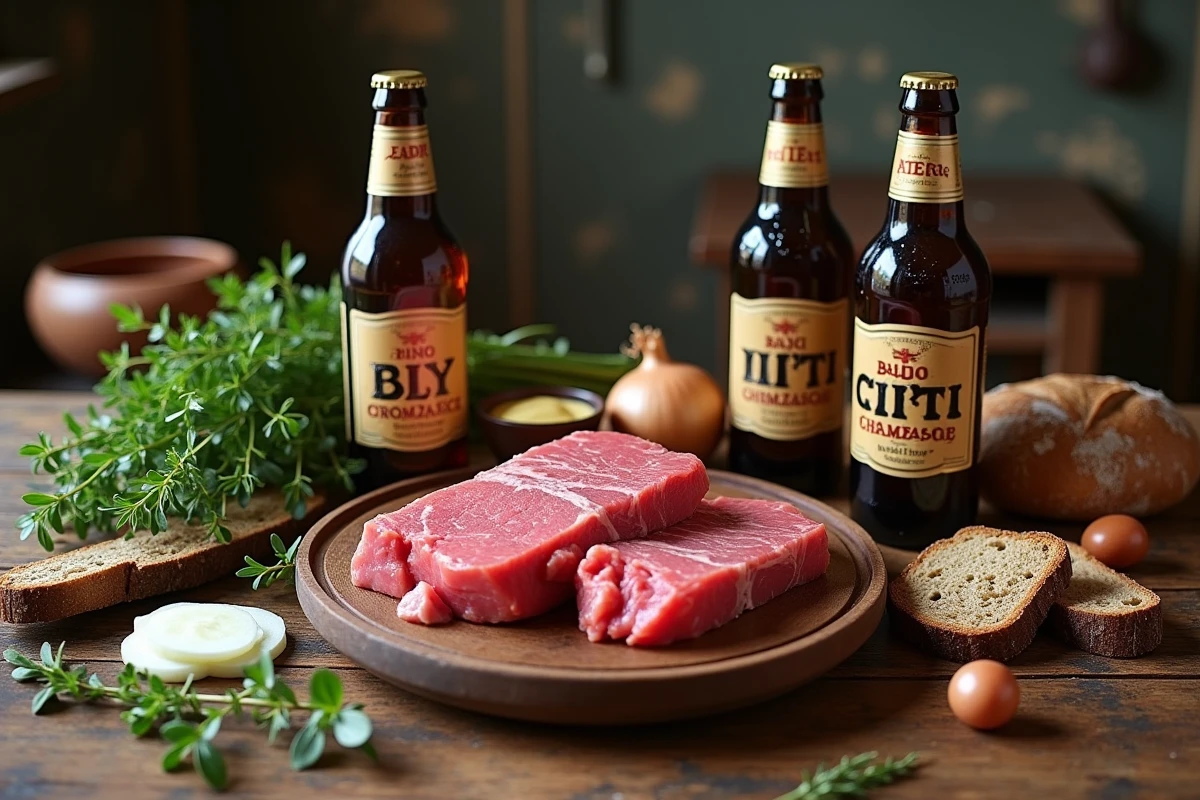 Ingrédients de la carbonnade flamande ch'ti disposés sur une table en bois rustique : bœuf, bière brune, oignons, pain et herbes aromatiques