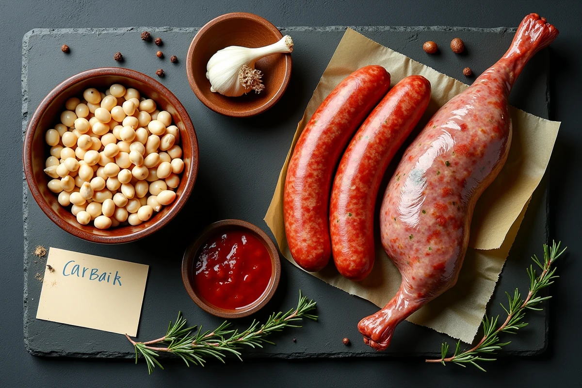 Ingrédients du cassoulet toulousain authentique disposés en flatlay : haricots tarbais, saucisses de Toulouse, confit de canard et aromates