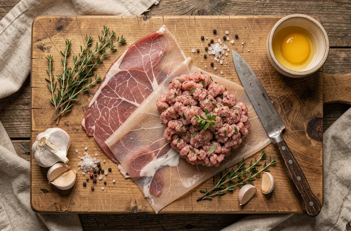 Vue de dessus des ingrédients pour faire des crépinettes maison, incluant farce de porc, crépine, herbes et épices sur un billot en bois