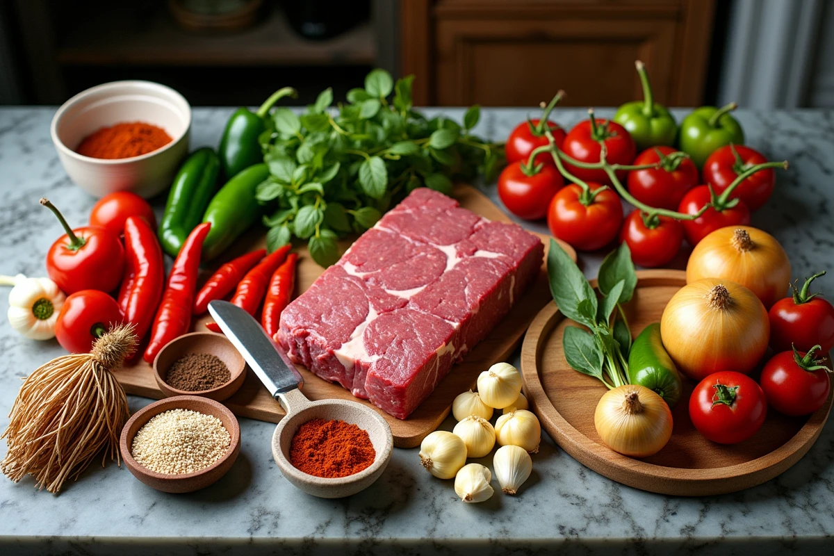 Ingrédients frais pour la recette de goulash hongrois au paprika doux et fumé disposés sur un plan de travail en marbre