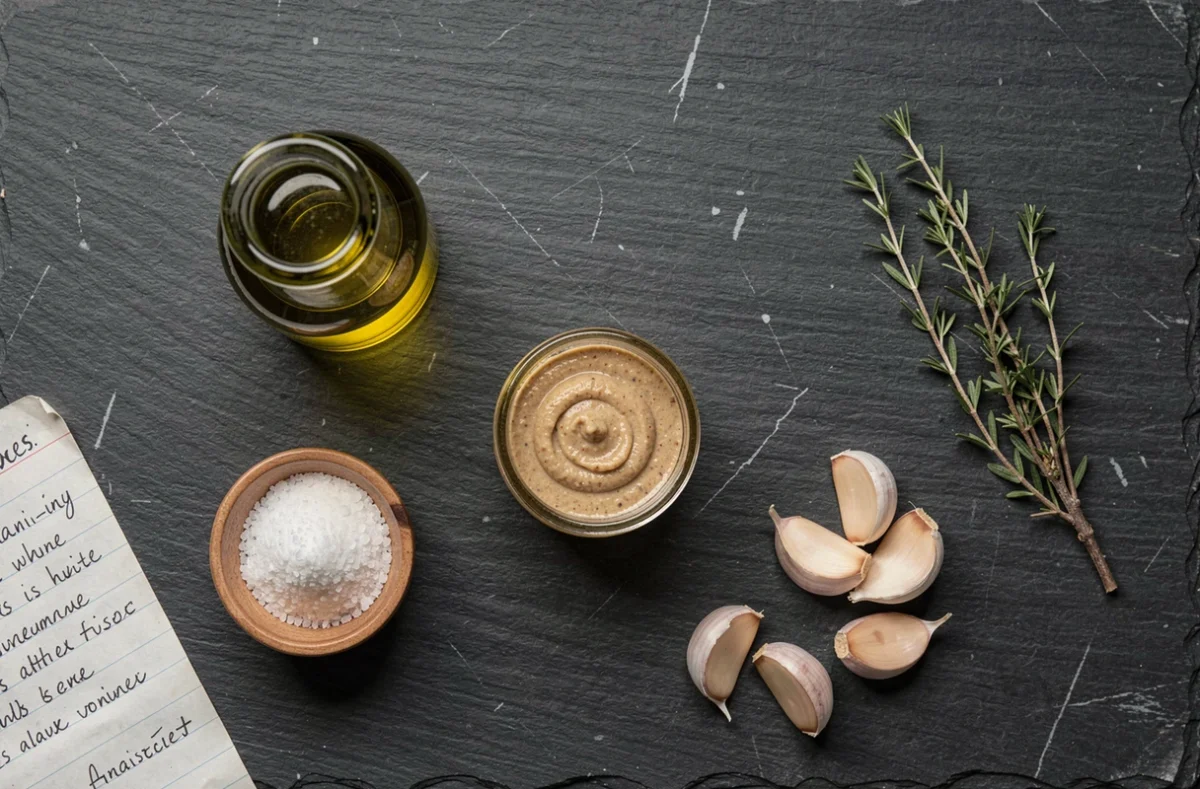 Vue de dessus des ingrédients pour une vinaigrette maison sur ardoise avec carte de recette manuscrite
