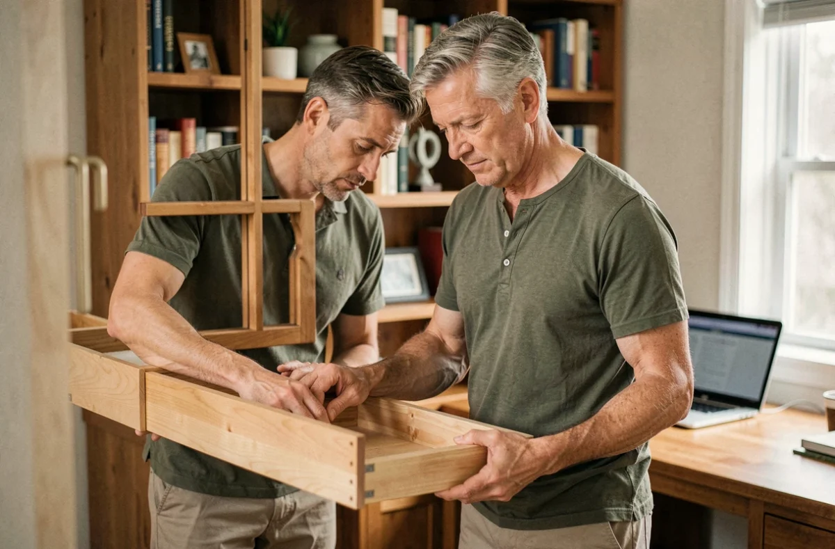 Homme inspectant la qualité intérieure d'un tiroir de meuble dans un bureau à domicile, évaluation durabilité mobilier So Cooc et Ikea