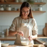 Jeune femme en tablier mesure du sucre dans une cuisine lumineuse