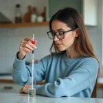 Jeune femme en sweater bleu mesure liquide avec seringue