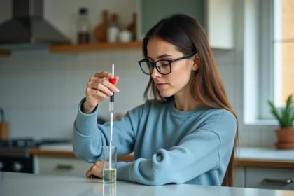 Jeune femme en sweater bleu mesure liquide avec seringue