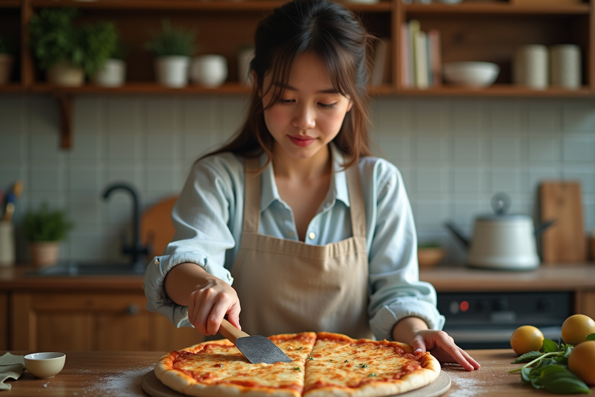 Femme sortant une pizza dorée de la pierre à pizza dans une cuisine chaleureuse