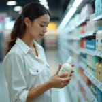 Jeune femme examine une bouteille de shampoing en supermarche