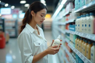 Jeune femme examine une bouteille de shampoing en supermarche