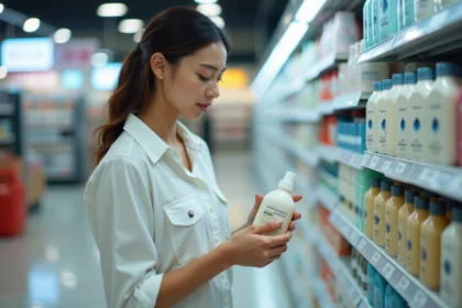 Jeune femme examine une bouteille de shampoing en supermarche