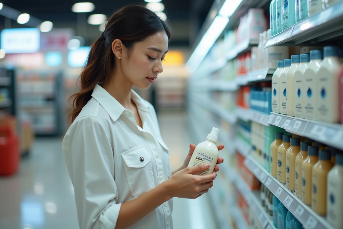 Jeune femme examine une bouteille de shampoing en supermarche