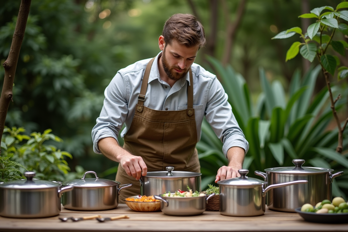 Jeune homme prépare un repas avec des casseroles en extérieur