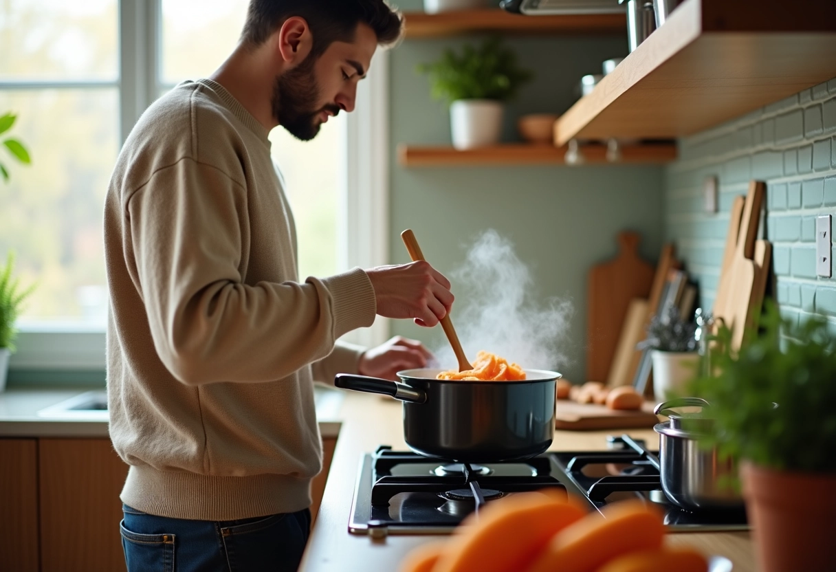 Jeune homme remuant des patates dans une casserole
