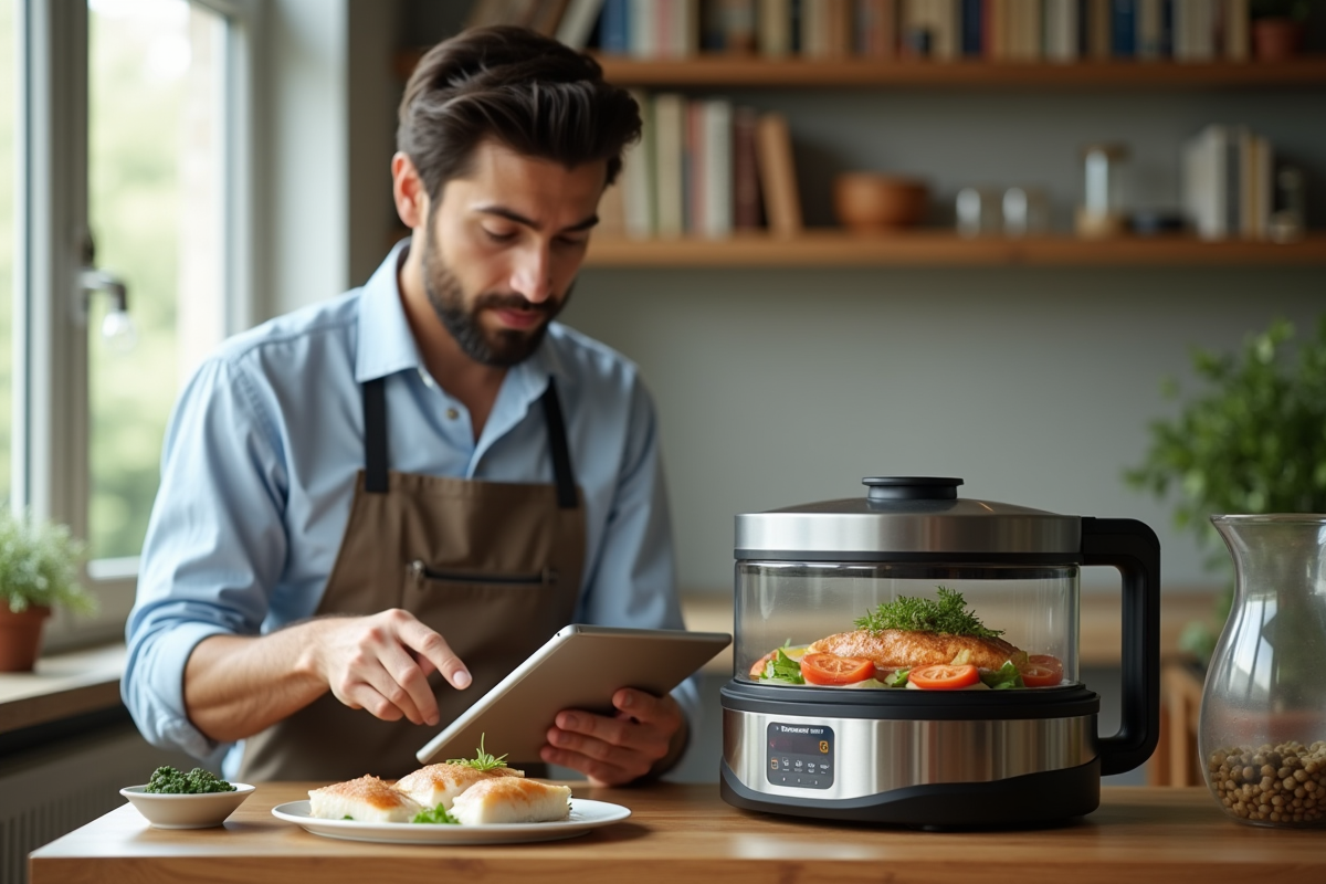 Jeune homme regardant une tablette avec un plat vapeur dans la cuisine