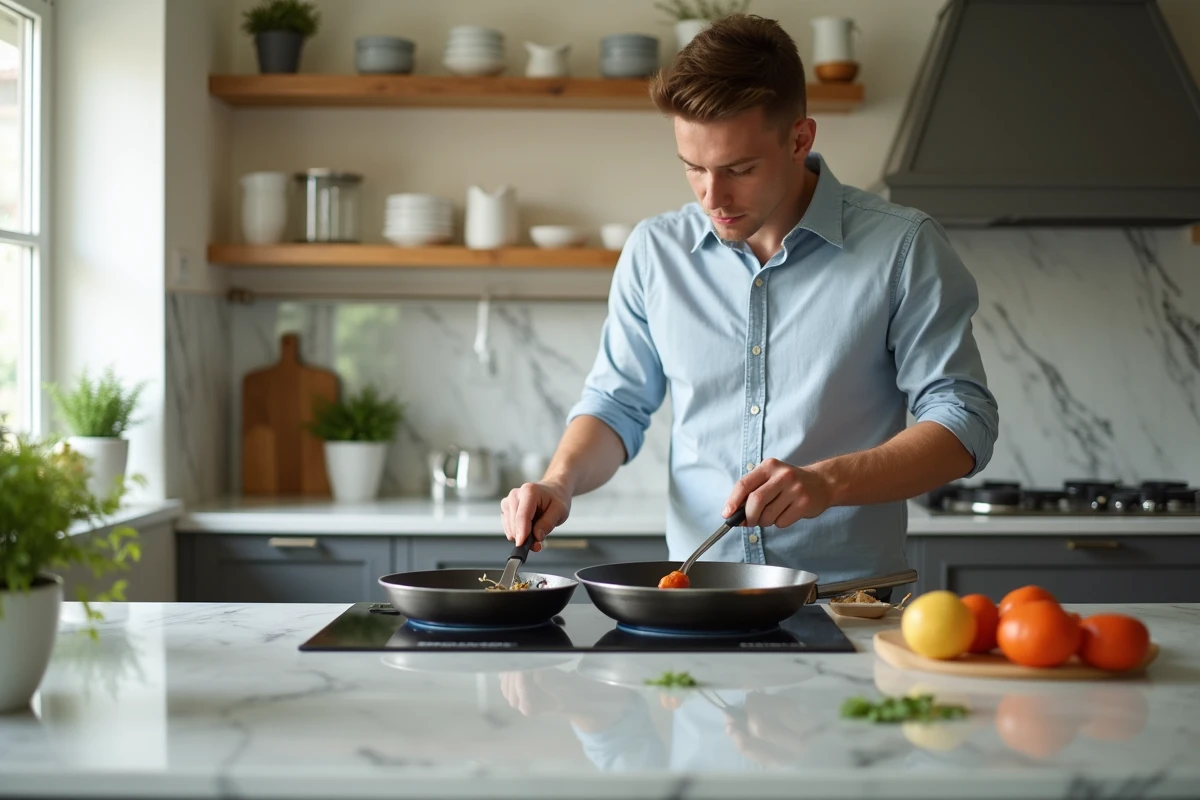 Jeune homme cuisinant avec une poele antiadhésive dans la cuisine