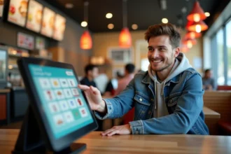 Jeune homme souriant en commandant au fastfood