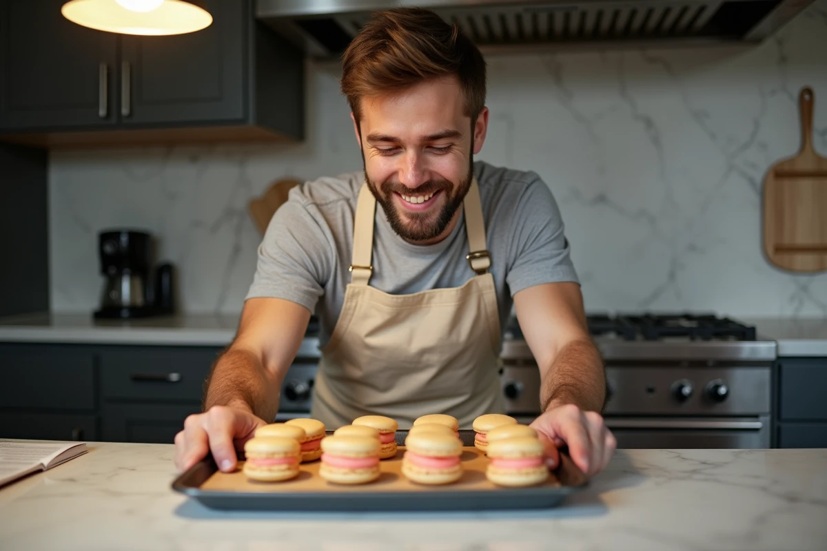 Jeune homme examinant des macarons frais dans la cuisine