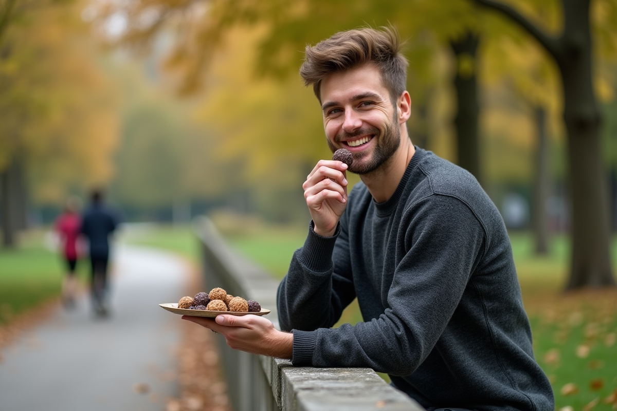 Jeune homme dans un parc mangeant une energy ball