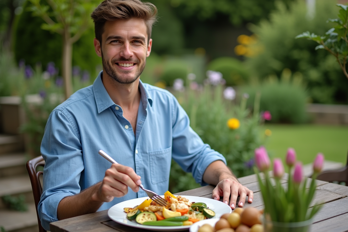 Jeune homme en extérieur dégustant coquilles SaintJacques et légumes