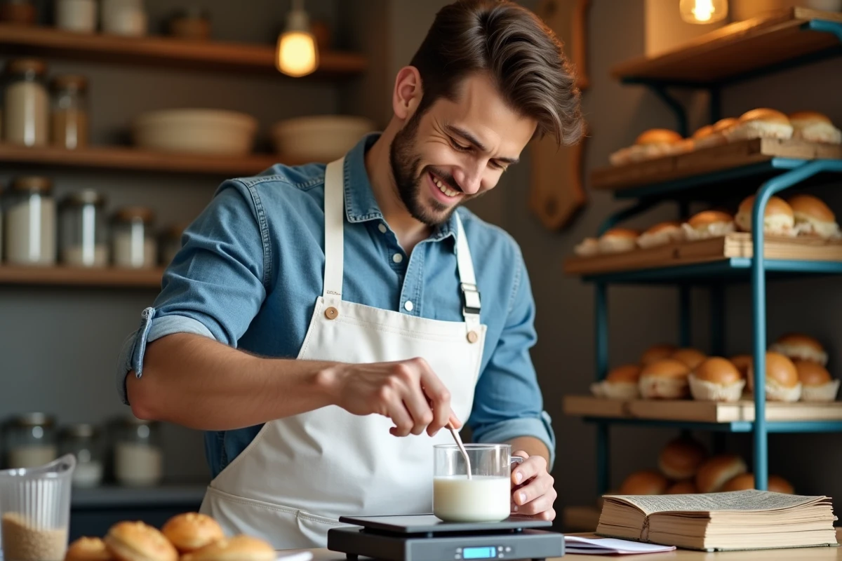 Jeune homme vérifiant une balance de cuisine avec un verre de lait