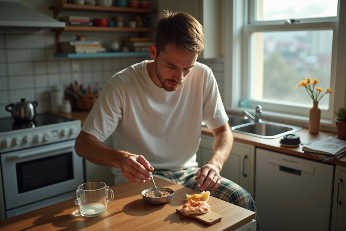 Jeune homme mesurer liquide dans une cuisine cosy