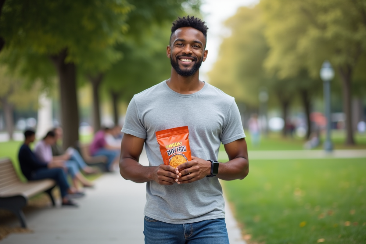 Jeune homme dans un parc urbain tenant un sachet de lentilles chips