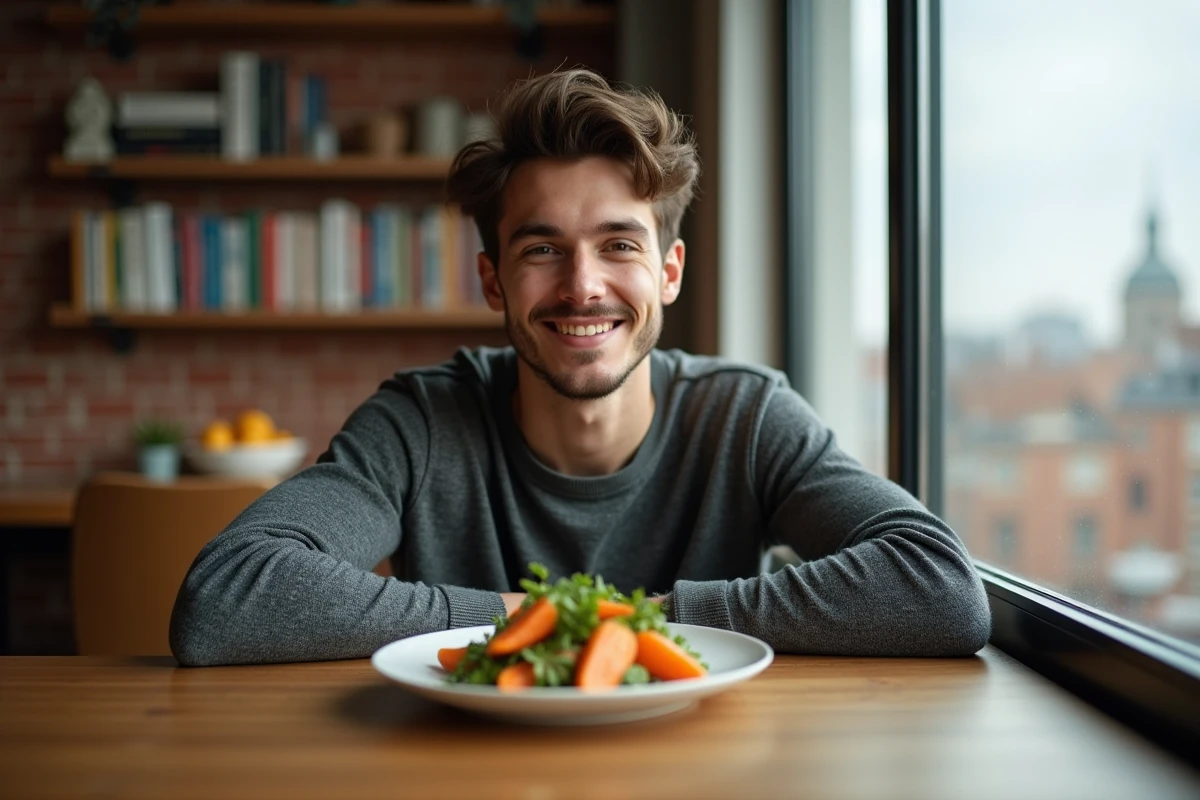 Jeune homme dégustant une salade de carottes rapée