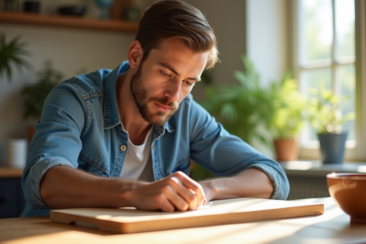 Jeune homme en chemise en denim inspectant une planche en bois