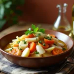 Julienne de poisson au vin blanc et échalotes servie dans un bol en céramique rustique sur une table de bistrot en bois