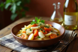 Julienne de poisson au vin blanc et échalotes servie dans un bol en céramique rustique sur une table de bistrot en bois