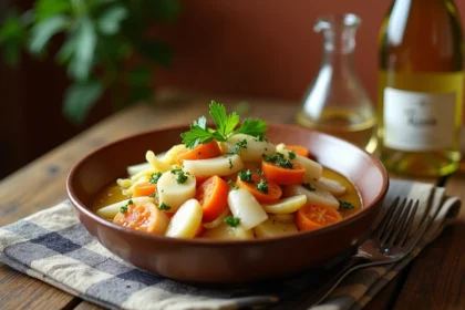 Julienne de poisson au vin blanc et échalotes servie dans un bol en céramique rustique sur une table de bistrot en bois