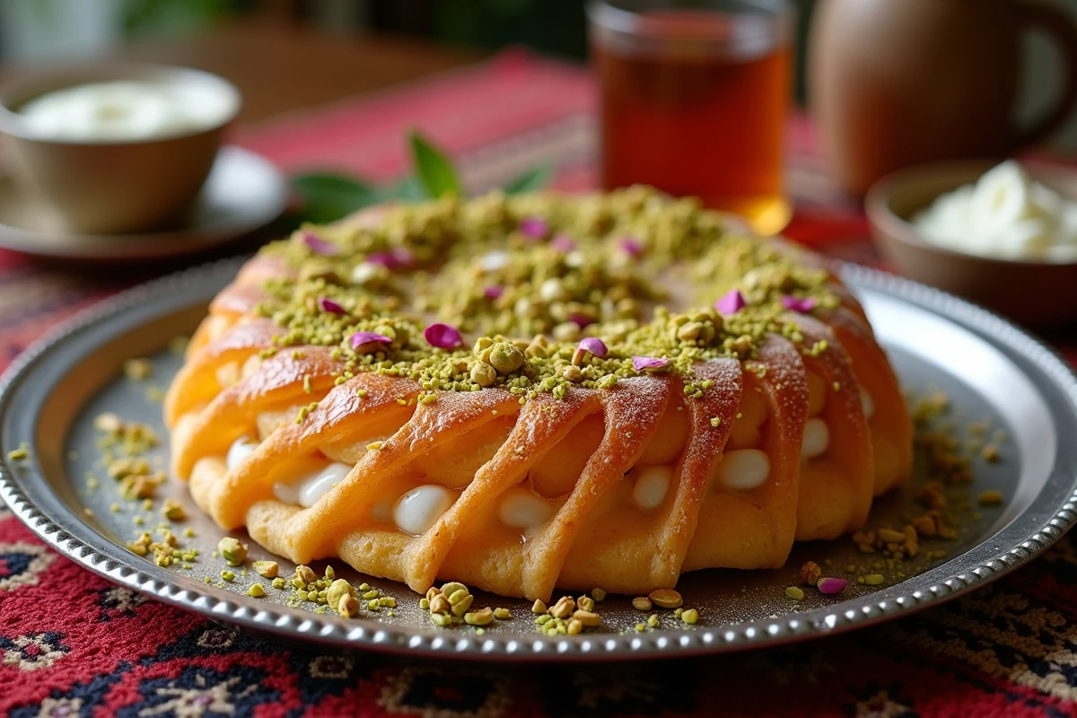 Konafa égyptien aux pistaches et pétales de rose sur un plateau en argent, dessert traditionnel servi lors des grandes occasions