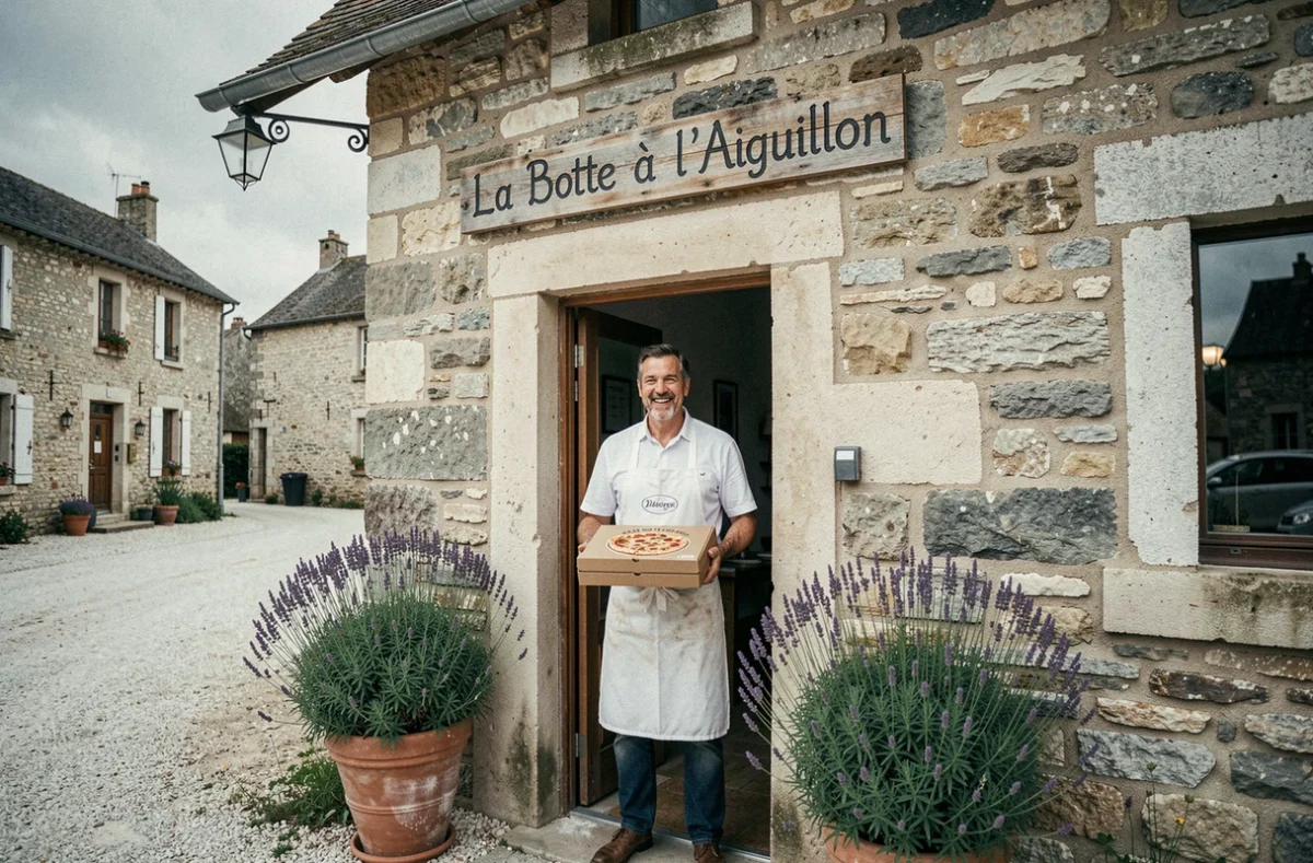 Pizzaiolo souriant en tablier blanc tenant une boîte à pizza dans l'embrasure de la porte de La Botte à l'Aiguillon à Binges, devant une façade en pierre avec des pots de lavande