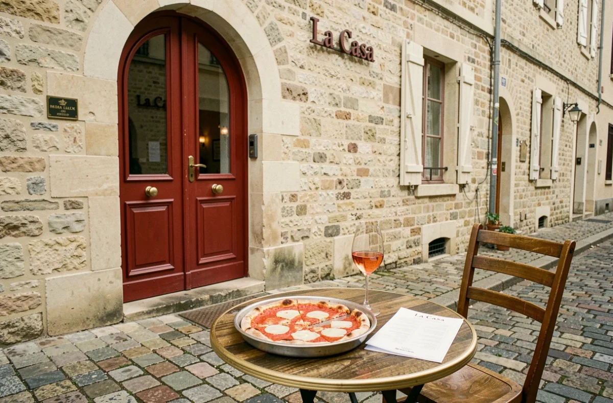 Terrasse en cobblestones de La Casa à Beaune avec une pizza margherita dans un plat métallique et un verre de rosé sur une table en bistrot devant une façade en pierre ancienne