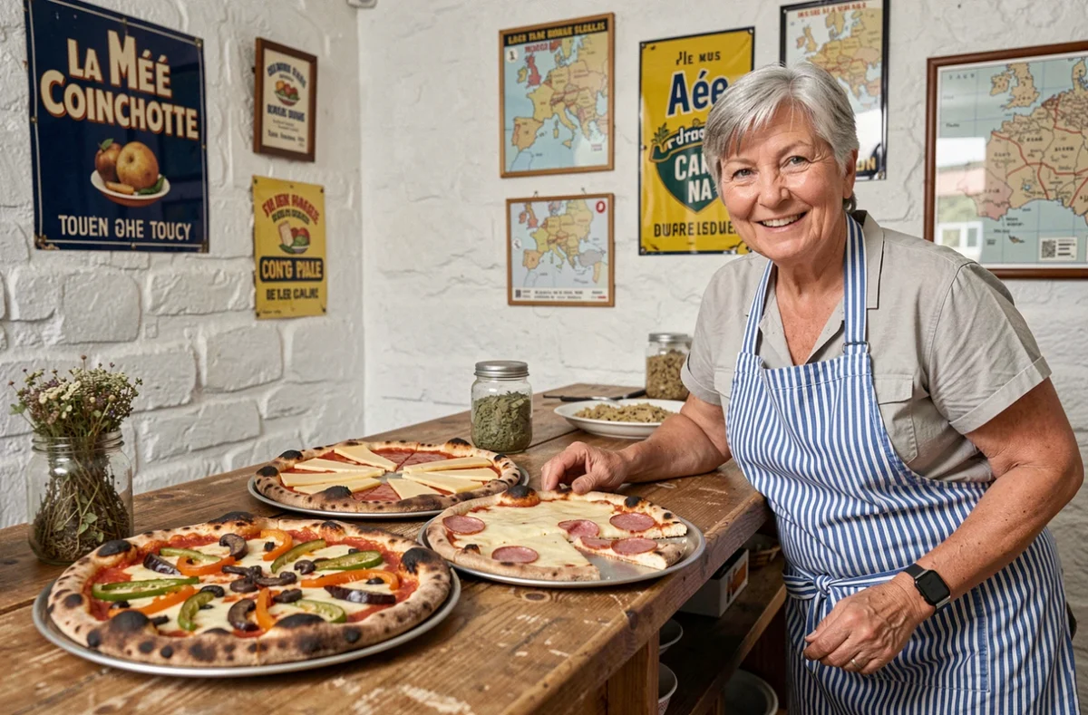 Propriétaire de La Mée Coinchotte à Toucy appuyée sur un comptoir présentant trois pizzas aux garnitures variées posées sur des plateaux ronds en métal