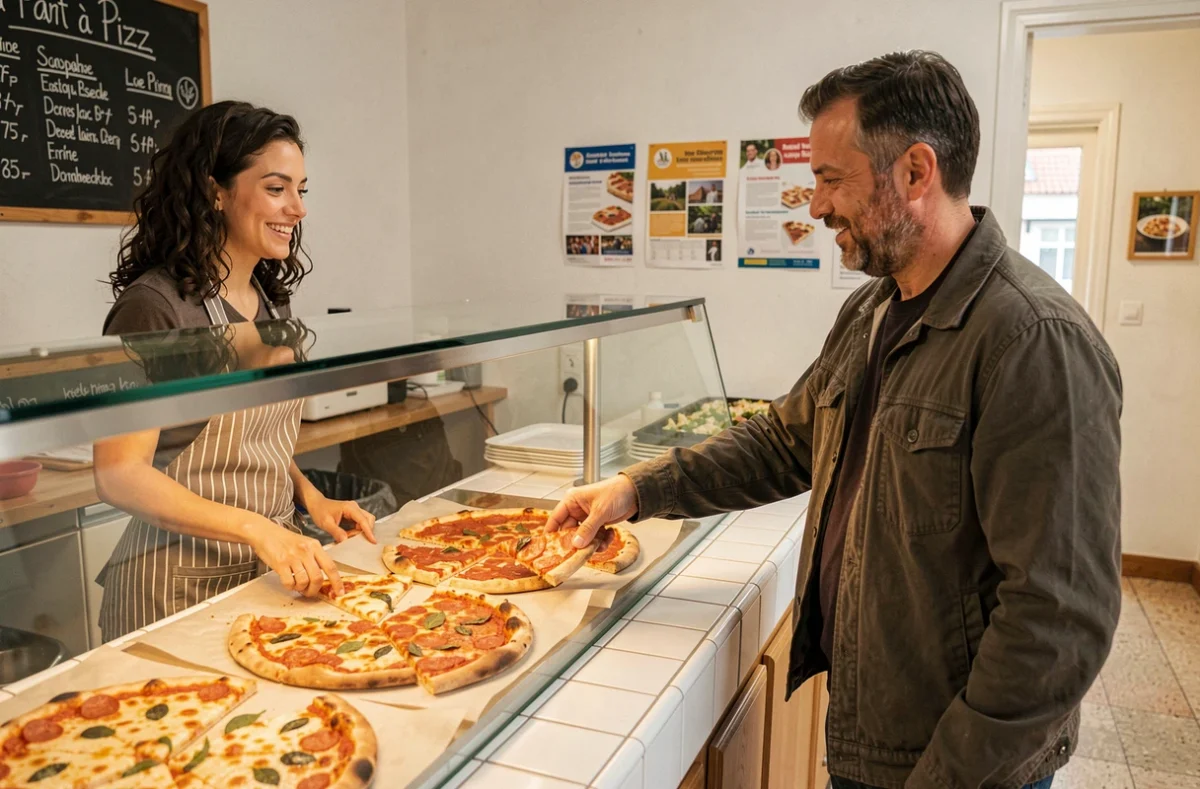 Pizzaiola de La Part à Pizz servant un client devant un comptoir vitré présentant des parts de pizza variées sur papier cuisson, avec un tableau ardoise de prix fait main au mur