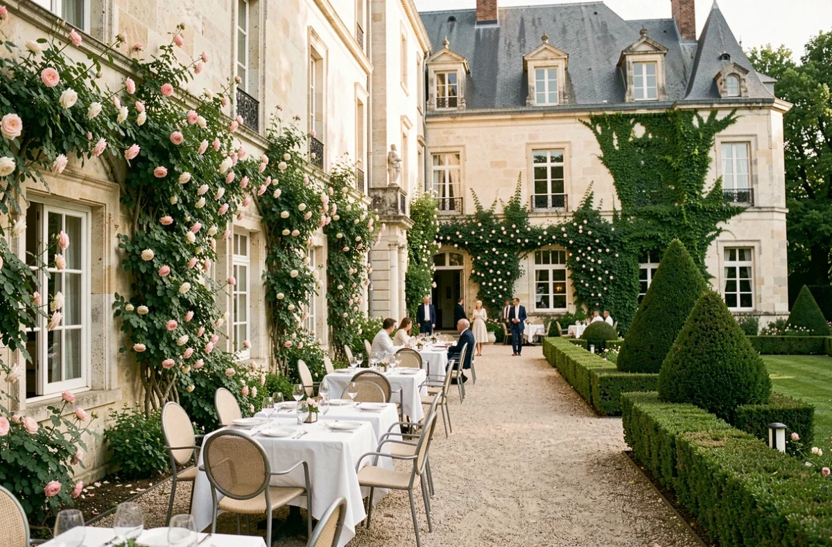 Terrasse du restaurant La Roche Le Roy à Tours avec tables dressées en plein air et façade en pierre du manoir entourée de rosiers grimpants