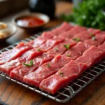 Lamelles de bœuf crues marinées disposées sur une grille en acier inoxydable avant la préparation du beef jerky maison