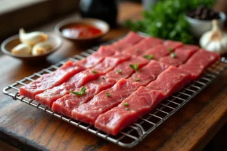 Lamelles de bœuf crues marinées disposées sur une grille en acier inoxydable avant la préparation du beef jerky maison