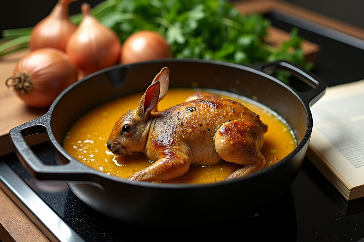 Lapin à la moutarde en cuisson dans une cocotte avec ingrédients frais