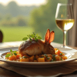 Lapin à la moutarde joliment présenté avec vin blanc en campagne