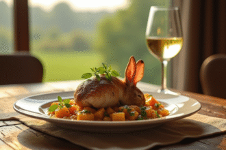 Lapin à la moutarde joliment présenté avec vin blanc en campagne