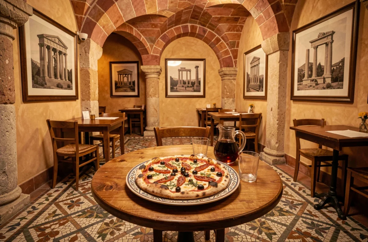 Table dressée avec une pizza aux olives et tomates séchées dans la salle décorée de style gallo-romain du Gallo Romain à Autun, avec sol en mosaïque géométrique et arcs en pierre ocre