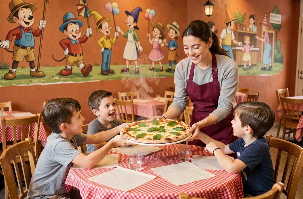 Serveuse du Pinocchio à Paray-le-Monial apportant une grande pizza fumante à une famille attablée dans une salle décorée de fresques colorées inspirées du conte Pinocchio