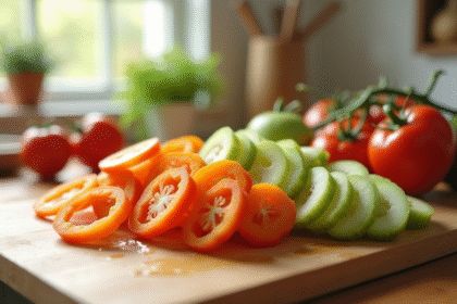 Tranches de légumes en L fraîchement coupées sur un plan de travail lumineux