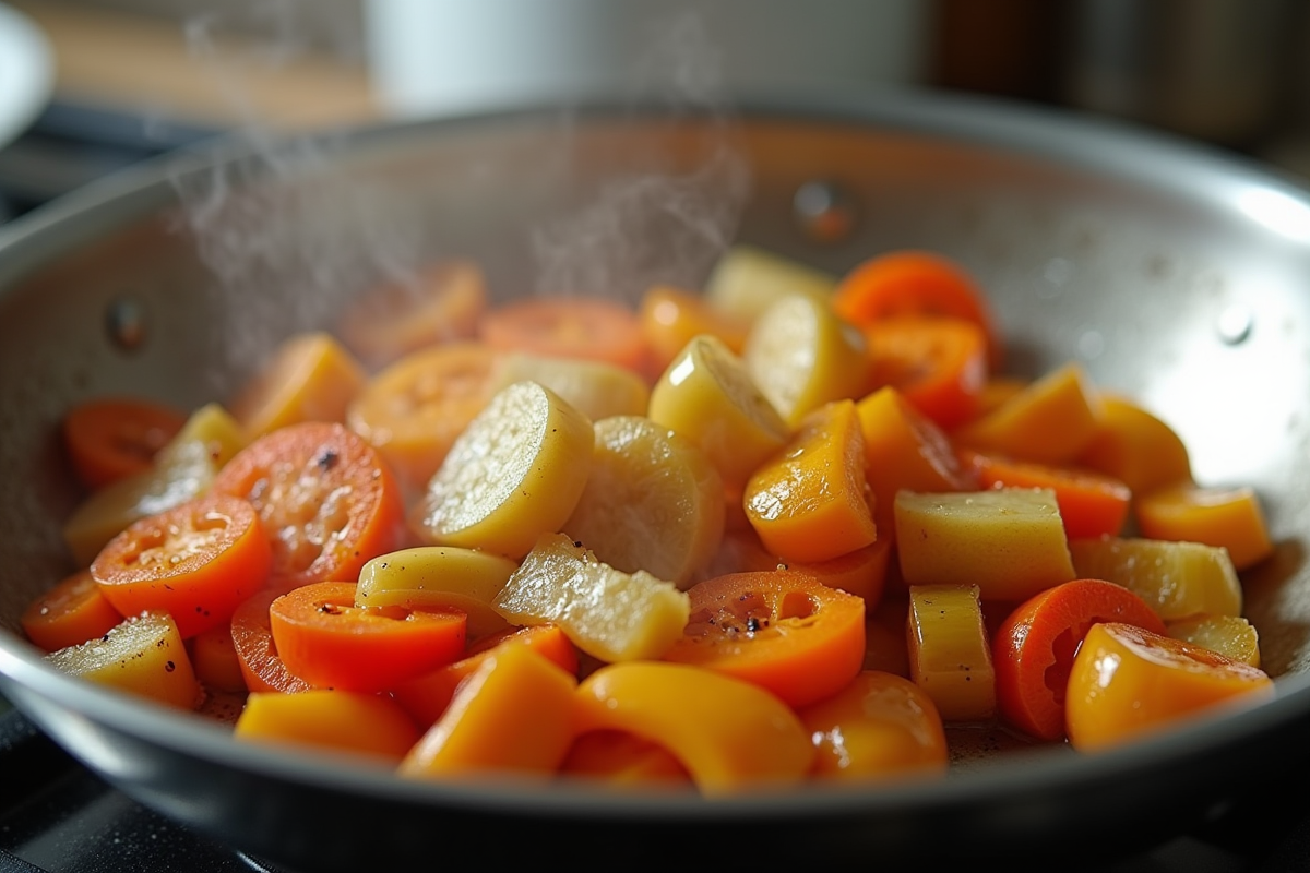 Légumes en forme de L sautés dans une poêle en inox vue de dessus