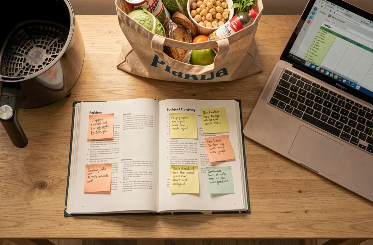 Livre de recettes airfryer ouvert avec des notes étudiantes et une friteuse Philips sur un bureau de petit appartement