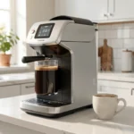 Machine à café à capsules sur un plan de travail de cuisine lumineux