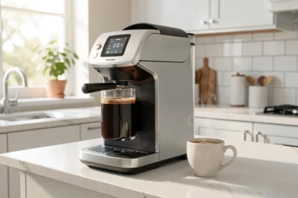 Machine à café à capsules sur un plan de travail de cuisine lumineux
