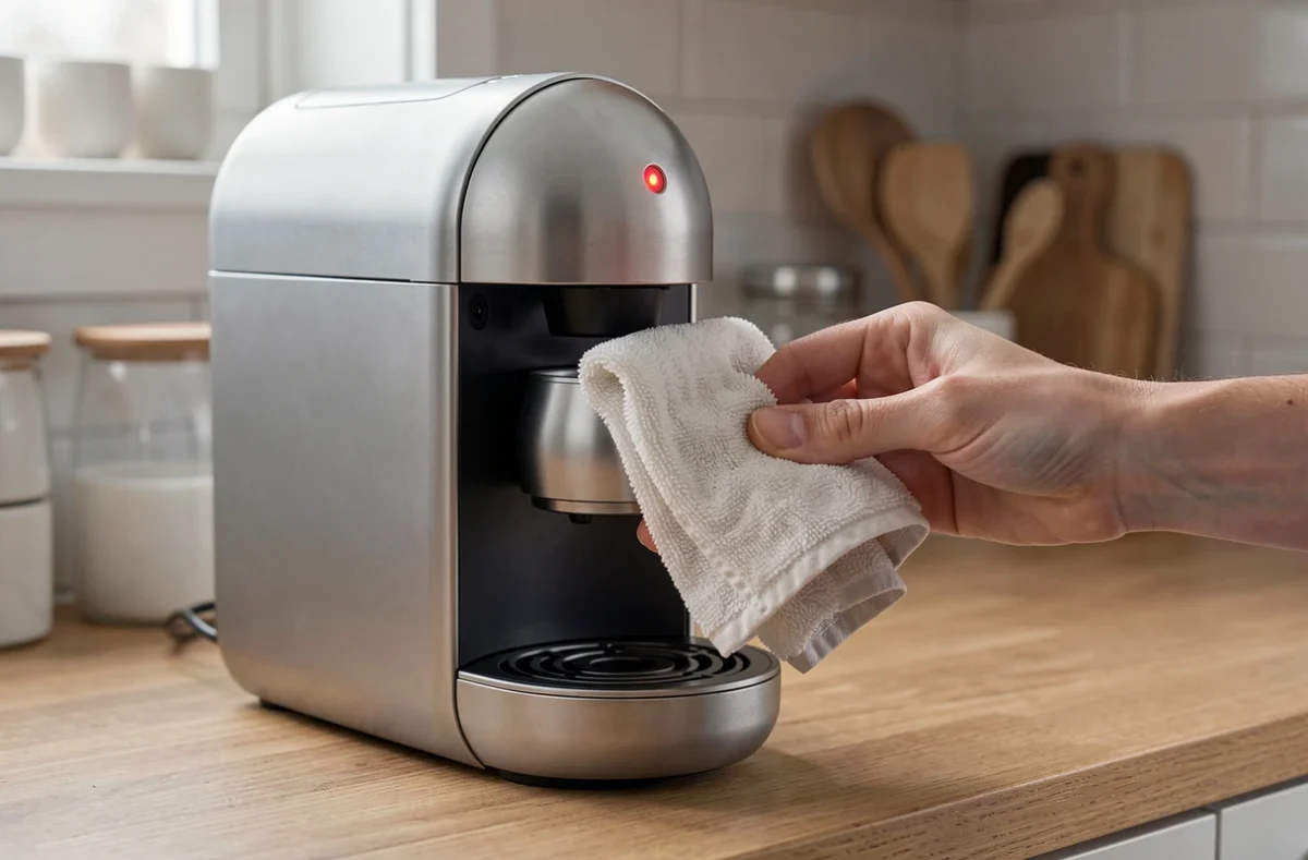 Main essuyant le porte-disque d'une machine à café dont le voyant rouge est allumé