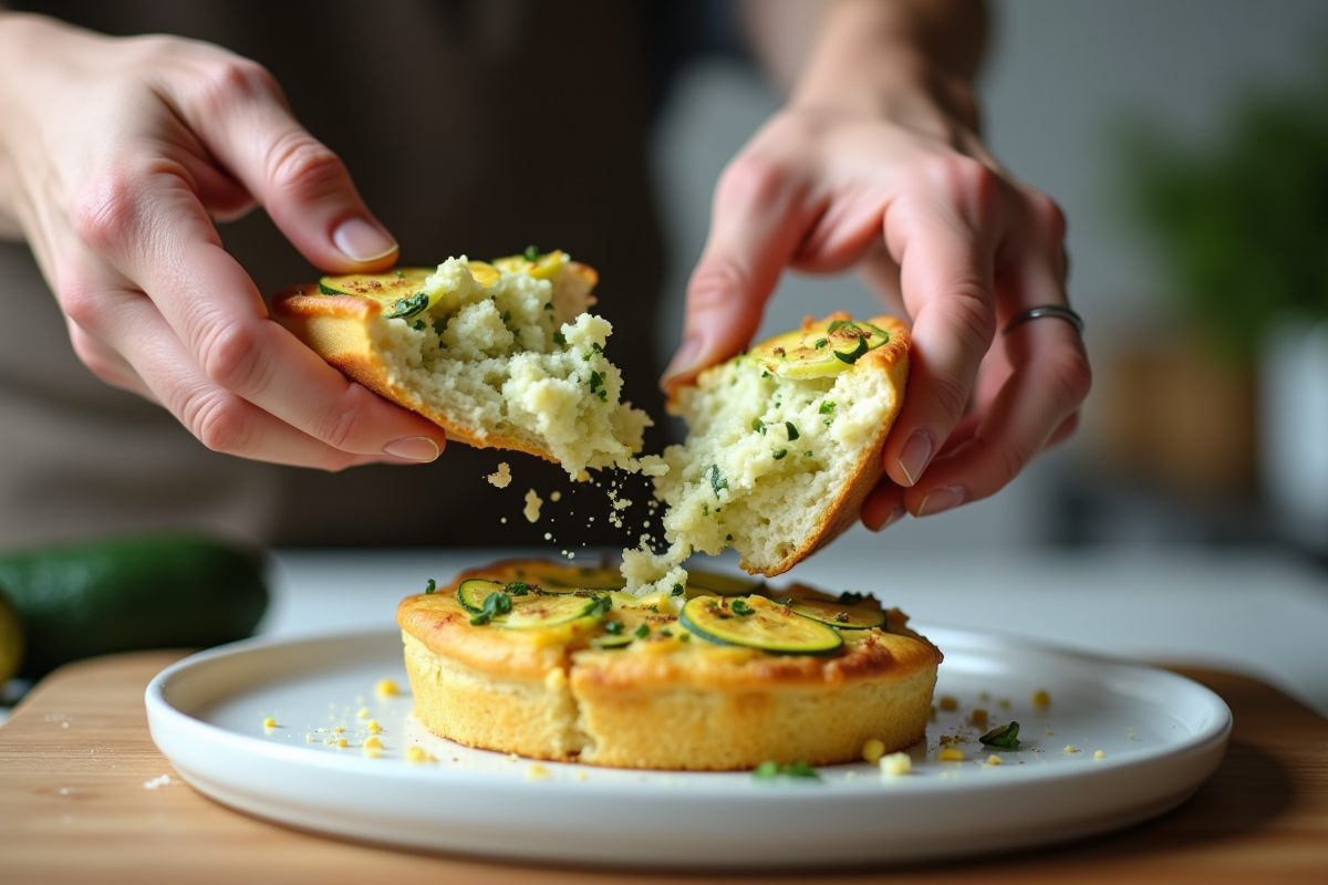 Mains cassant un morceau de gâteau courgette feta